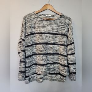 Eileen Fisher Organic Linen Grey/Black Striped Pullover Sweater Womens Size PL